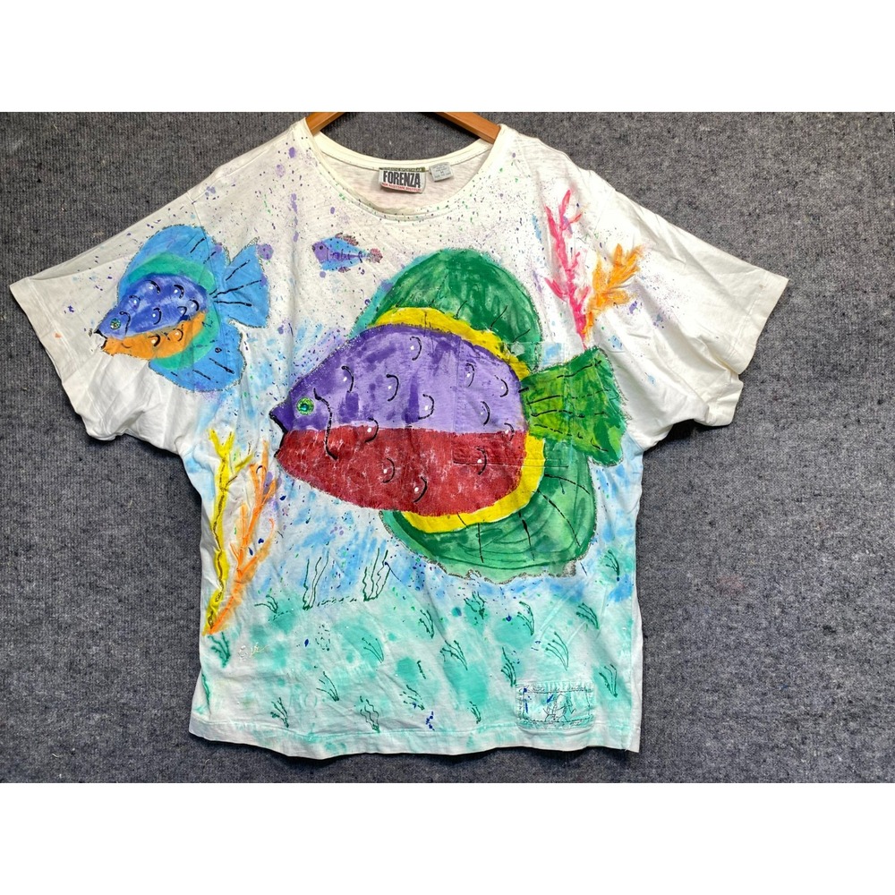Forenza Vintage 80s 90s Fish Ocean T-Shirt Teal Blue Puff Paint Neon Womens M